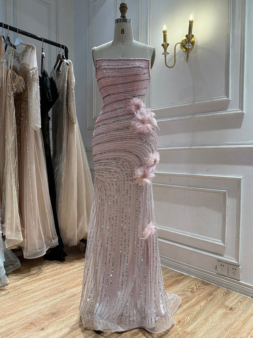 Arabic Pink Luxury Beaded Floral Mermaid Evening Dress Strapless Women Party Gown CLA73532A