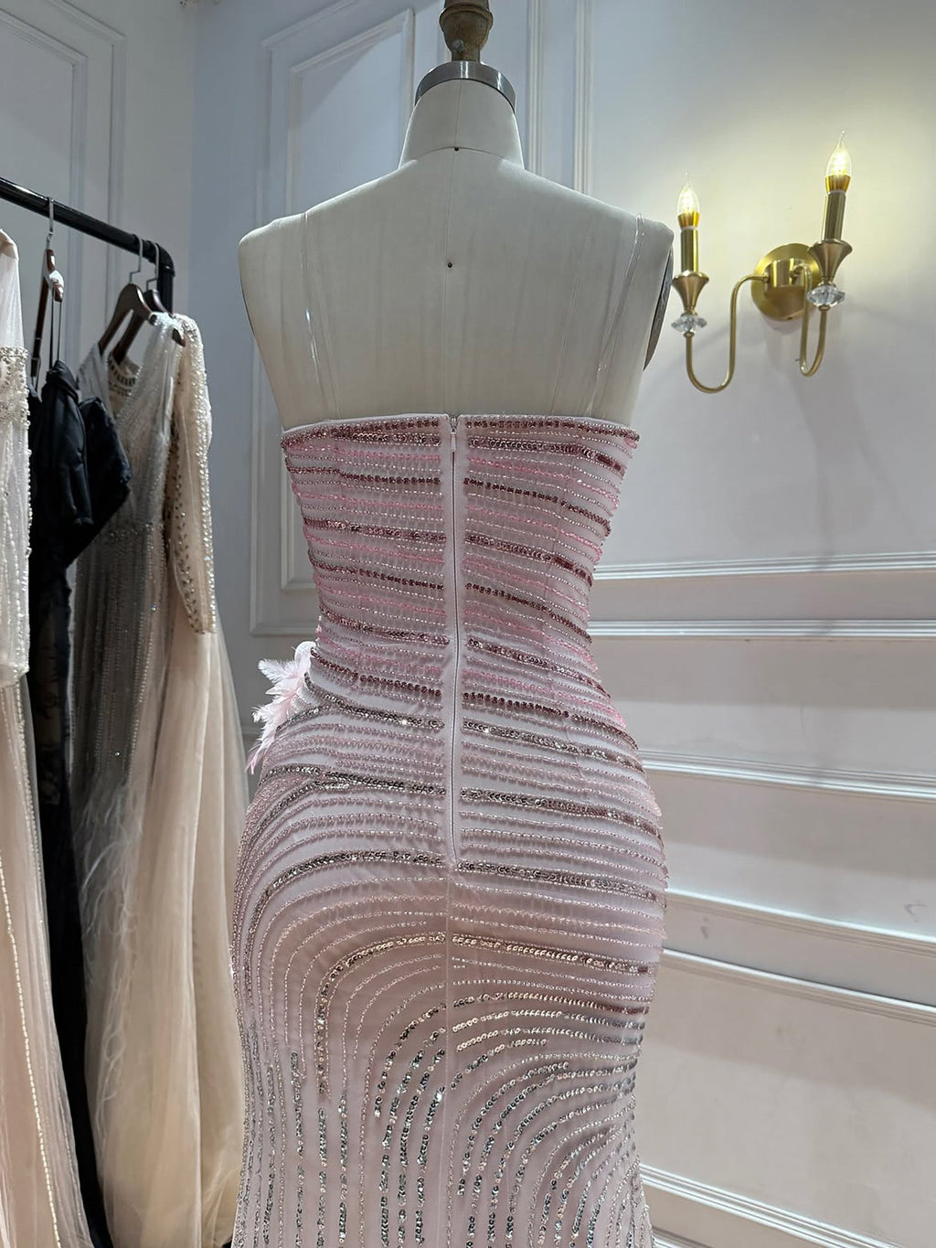 Arabic Pink Luxury Beaded Floral Mermaid Evening Dress Strapless Women Party Gown CLA73532A
