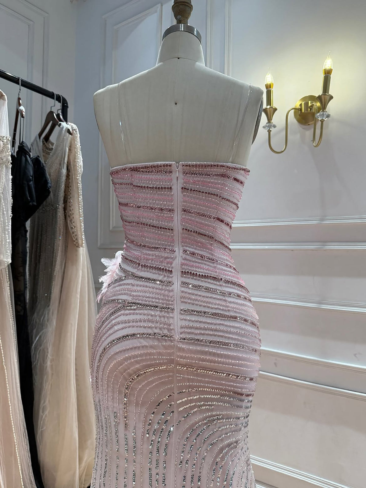 Arabic Pink Luxury Beaded Floral Mermaid Evening Dress Strapless Women Party Gown CLA73532A