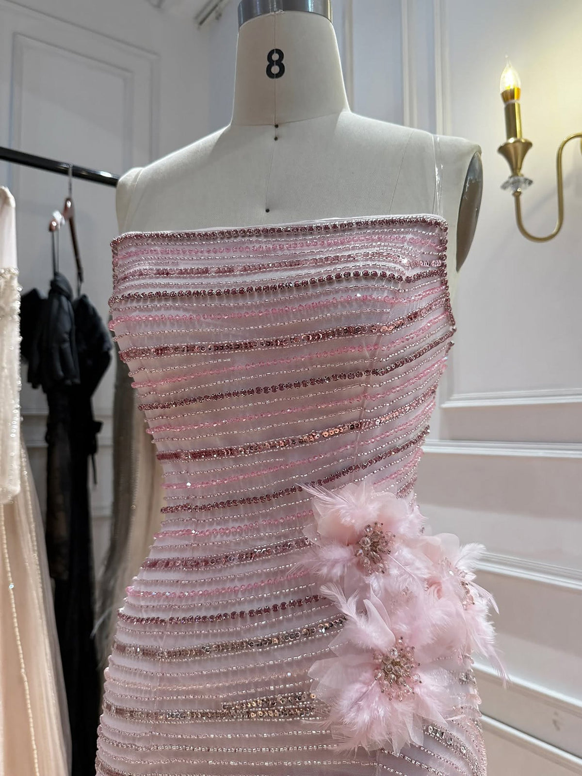 Arabic Pink Luxury Beaded Floral Mermaid Evening Dress Strapless Women Party Gown CLA73532A
