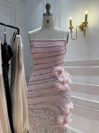 Arabic Pink Luxury Beaded Floral Mermaid Evening Dress Strapless Women Party Gown CLA73532A