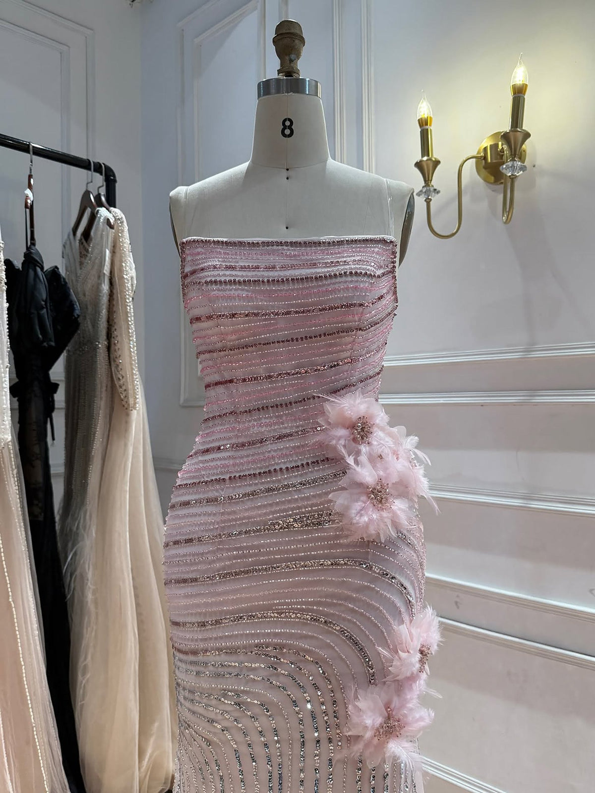 Arabic Pink Luxury Beaded Floral Mermaid Evening Dress Strapless Women Party Gown CLA73532A