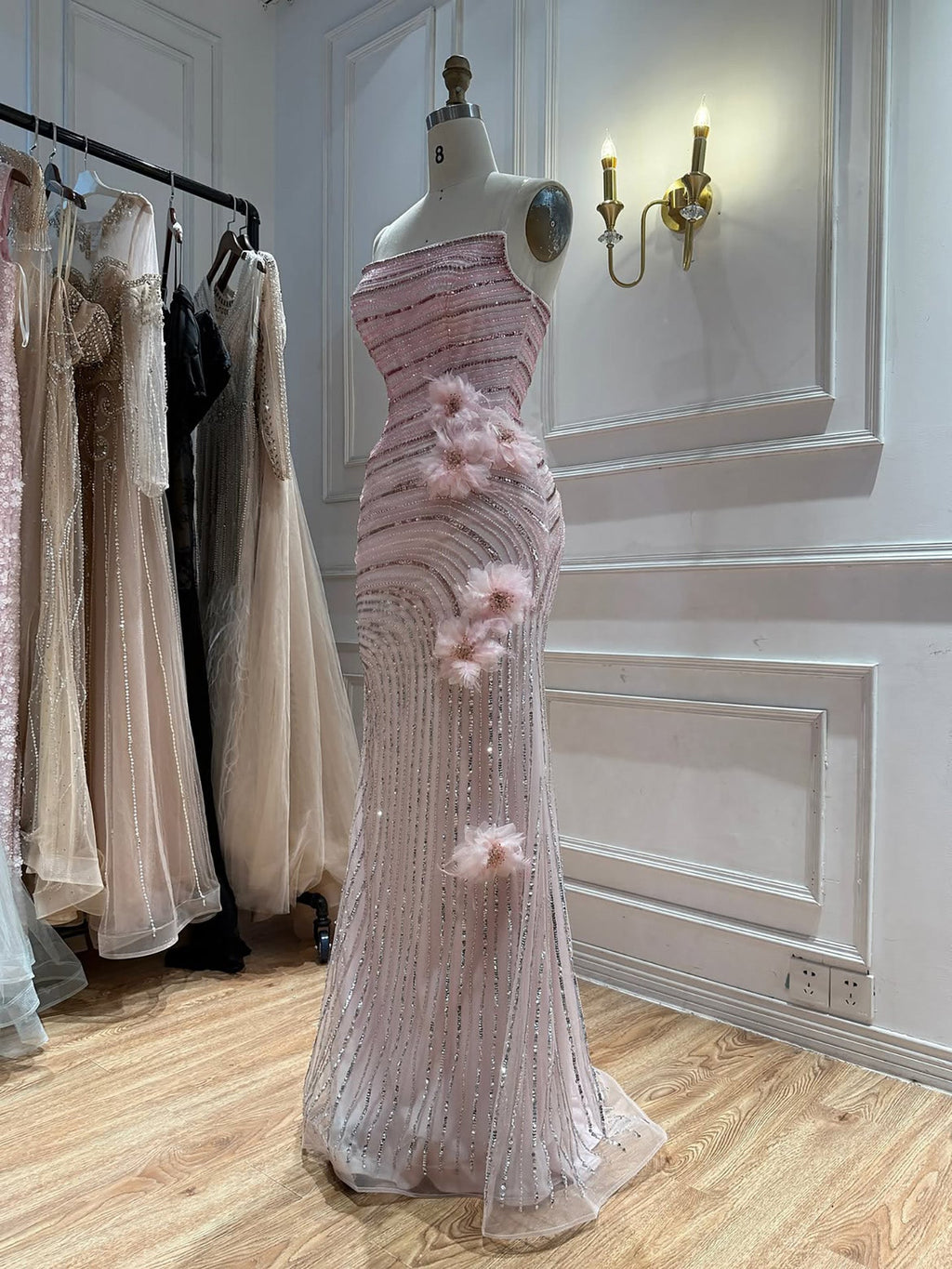 Arabic Pink Luxury Beaded Floral Mermaid Evening Dress Strapless Women Party Gown CLA73532A