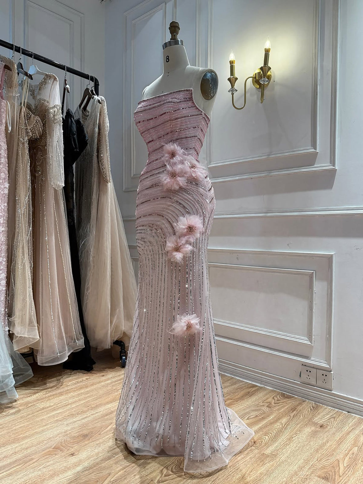 Arabic Pink Luxury Beaded Floral Mermaid Evening Dress Strapless Women Party Gown CLA73532A