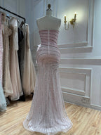 Arabic Pink Luxury Beaded Floral Mermaid Evening Dress Strapless Women Party Gown CLA73532A