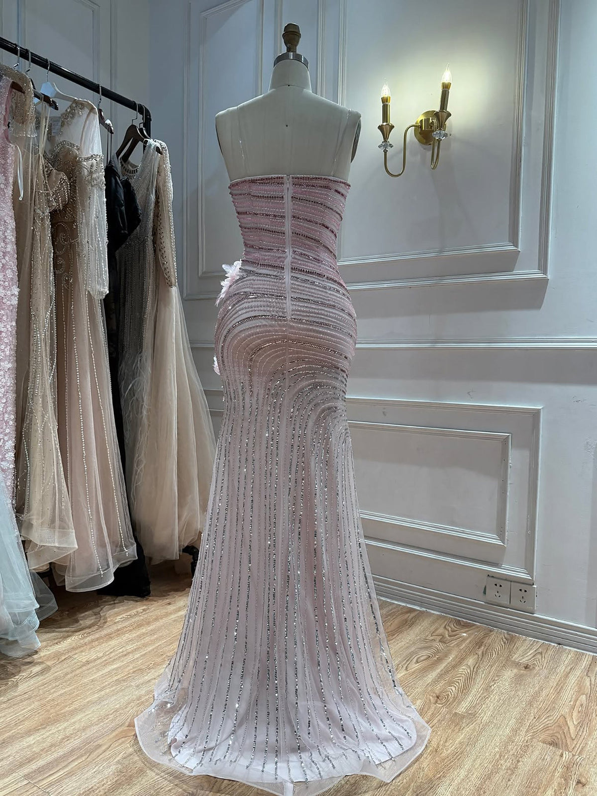 Arabic Pink Luxury Beaded Floral Mermaid Evening Dress Strapless Women Party Gown CLA73532A