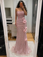 Arabic Pink Luxury Beaded Floral Mermaid Evening Dress Strapless Women Party Gown CLA73532A
