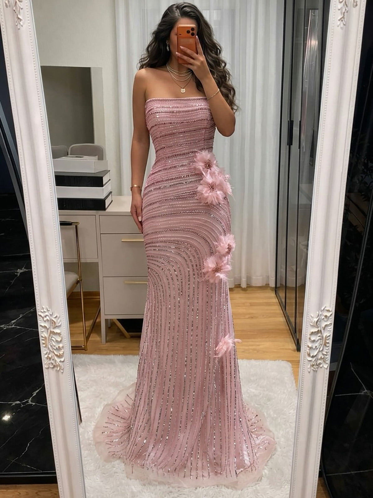 Arabic Pink Luxury Beaded Floral Mermaid Evening Dress Strapless Women Party Gown CLA73532A