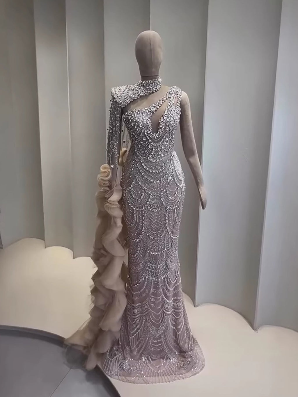 Luxury Nude Crystal One Shoulder Beaded Mermaid Evening Dress LA73533