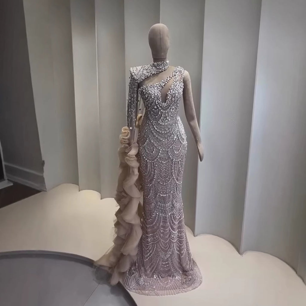 Luxury Nude Crystal One Shoulder Beaded Mermaid Evening Dress LA73533