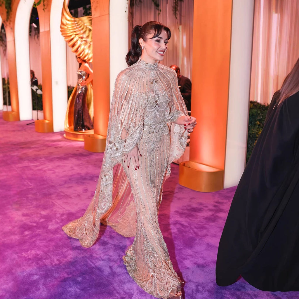 Luxury Nude Crystal Beaded High Neck Evening Dress with Long Cape LA73534