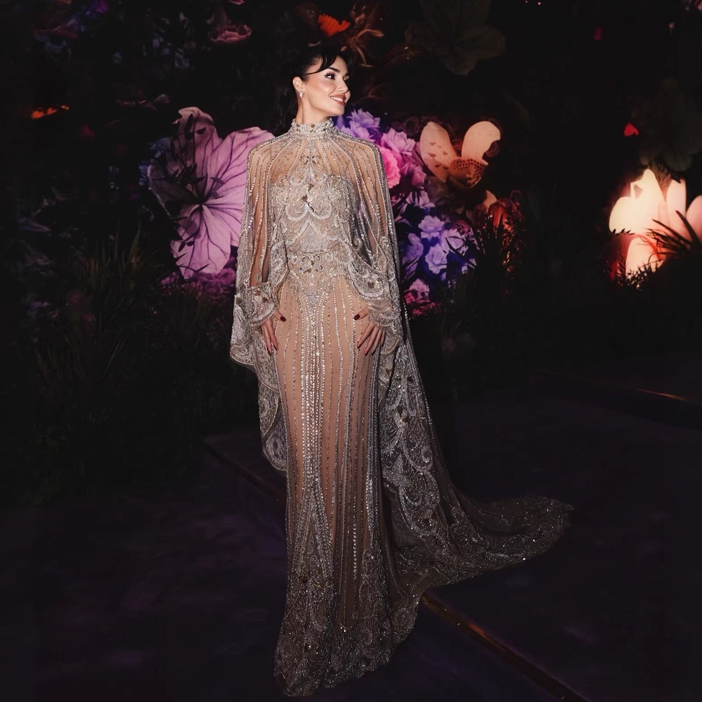 Luxury Nude Crystal Beaded High Neck Evening Dress with Long Cape LA73534