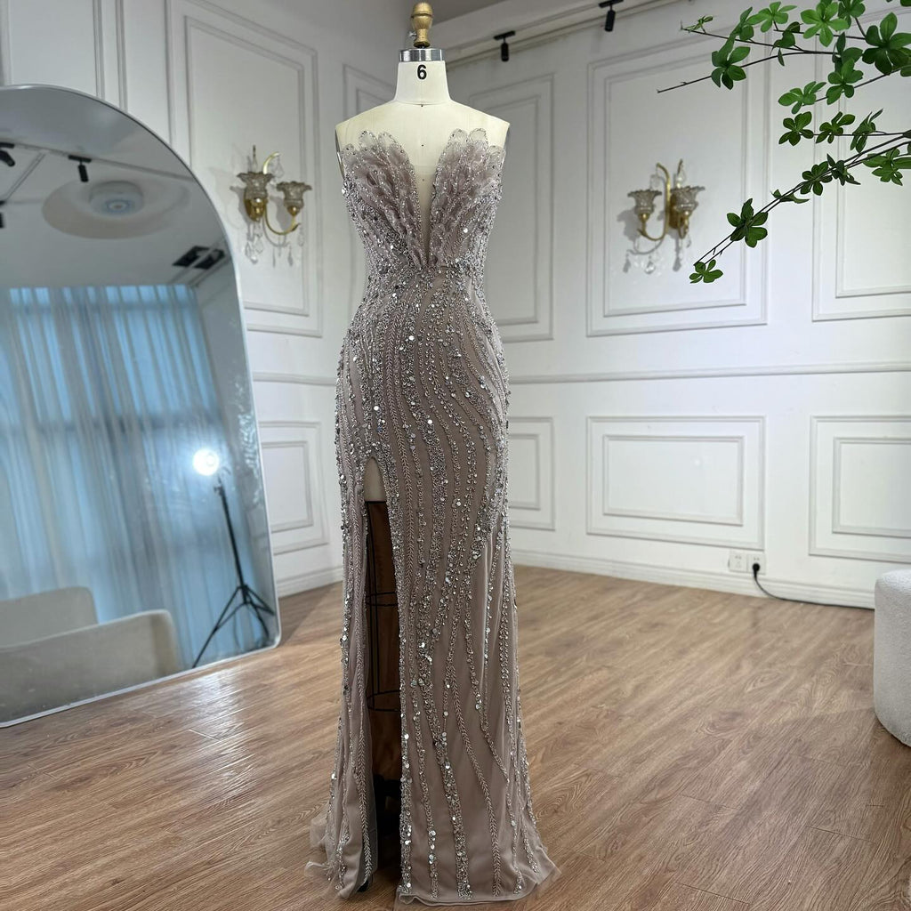 Luxury Caramel Beaded Mermaid Slit Evening Dress LA73535