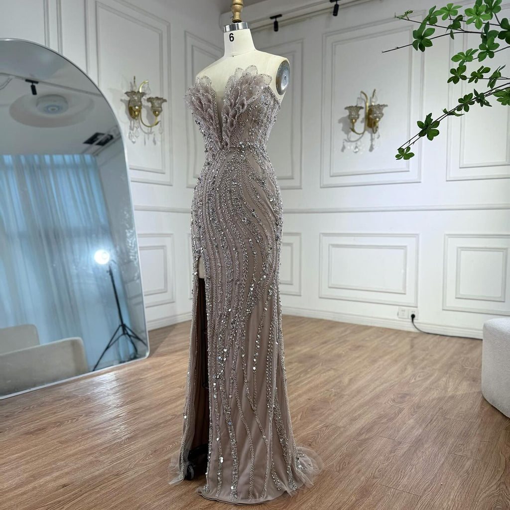 Luxury Caramel Beaded Mermaid Slit Evening Dress LA73535