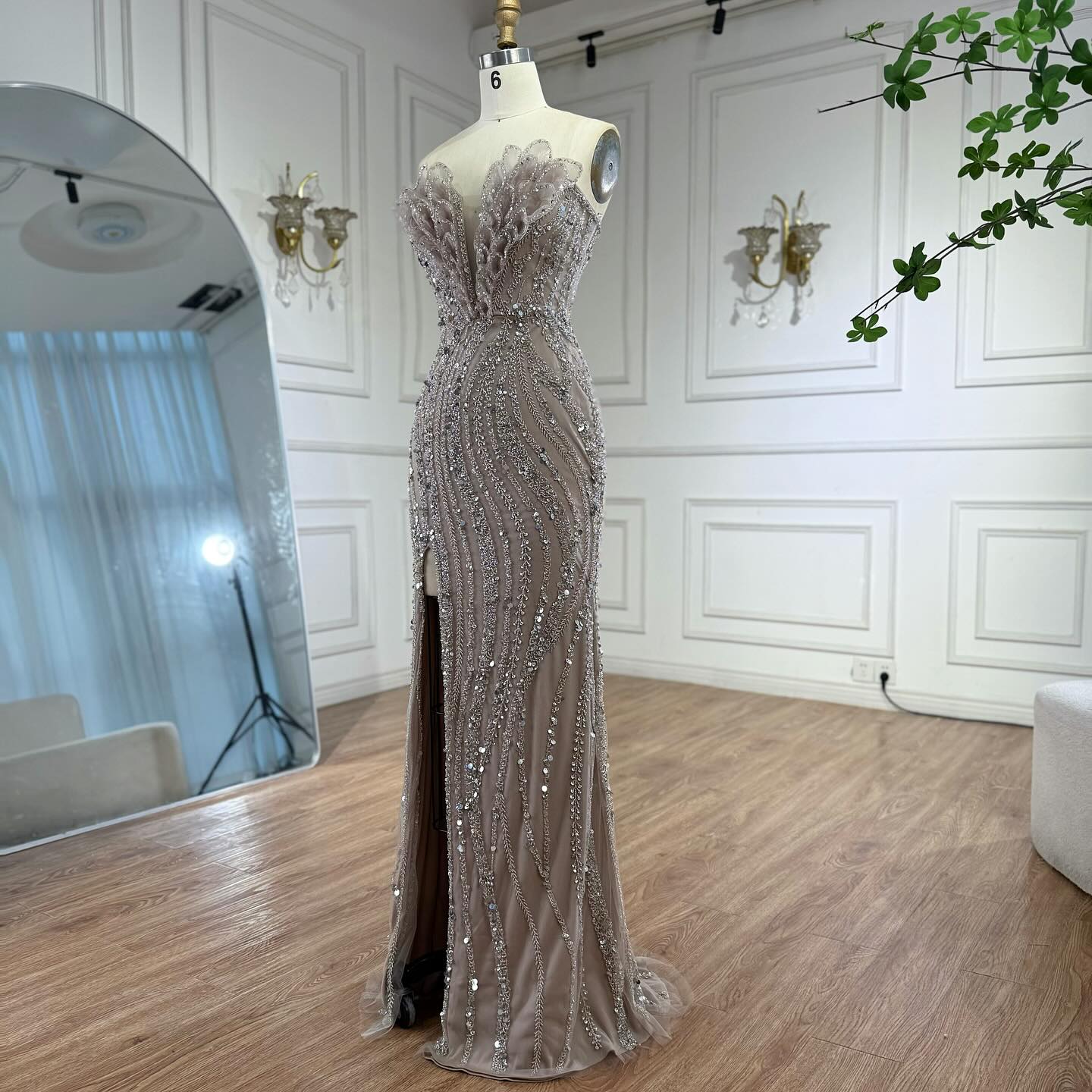 Luxury Caramel Beaded Mermaid Slit Evening Dress LA73535