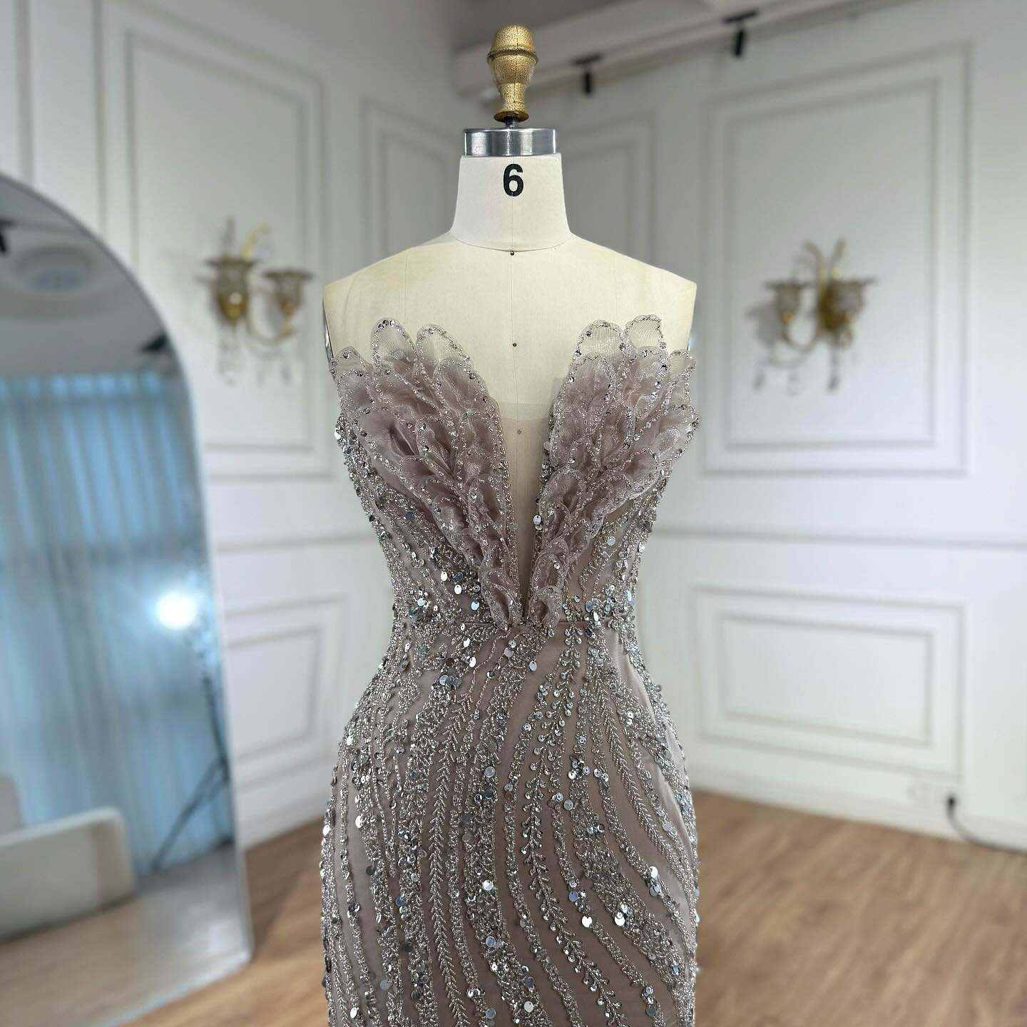 Luxury Caramel Beaded Mermaid Slit Evening Dress LA73535