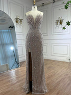 Luxury Caramel Beaded Mermaid Slit Evening Dress LA73535