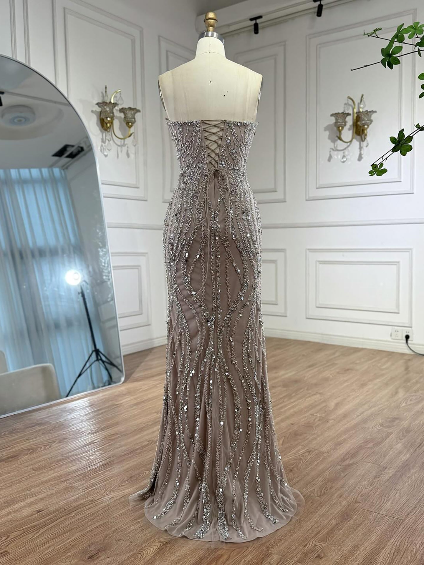 Luxury Caramel Beaded Mermaid Slit Evening Dress LA73535