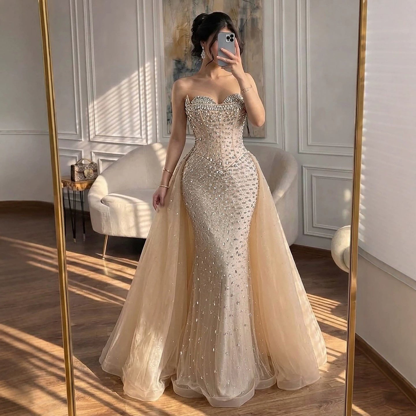 Luxury Nude Beaded Mermaid Dress with Overskirt CLA73536