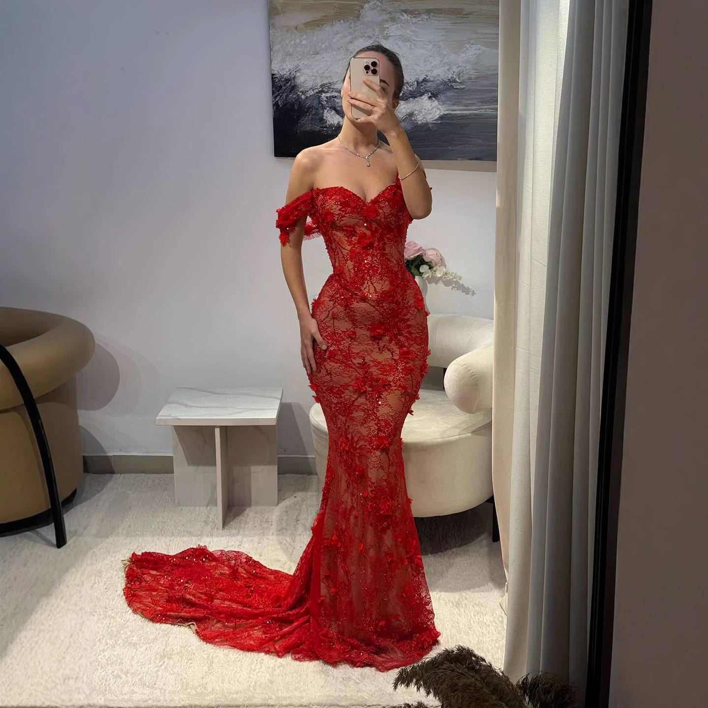 Luxury Stunning Glory Red Strapless 3D Floral Maxi Dress LA73537
