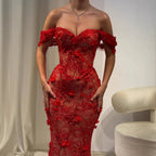 Luxury Stunning Glory Red Strapless 3D Floral Maxi Dress LA73537