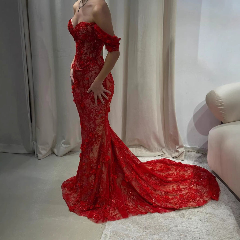 Luxury Stunning Glory Red Strapless 3D Floral Maxi Dress LA73537
