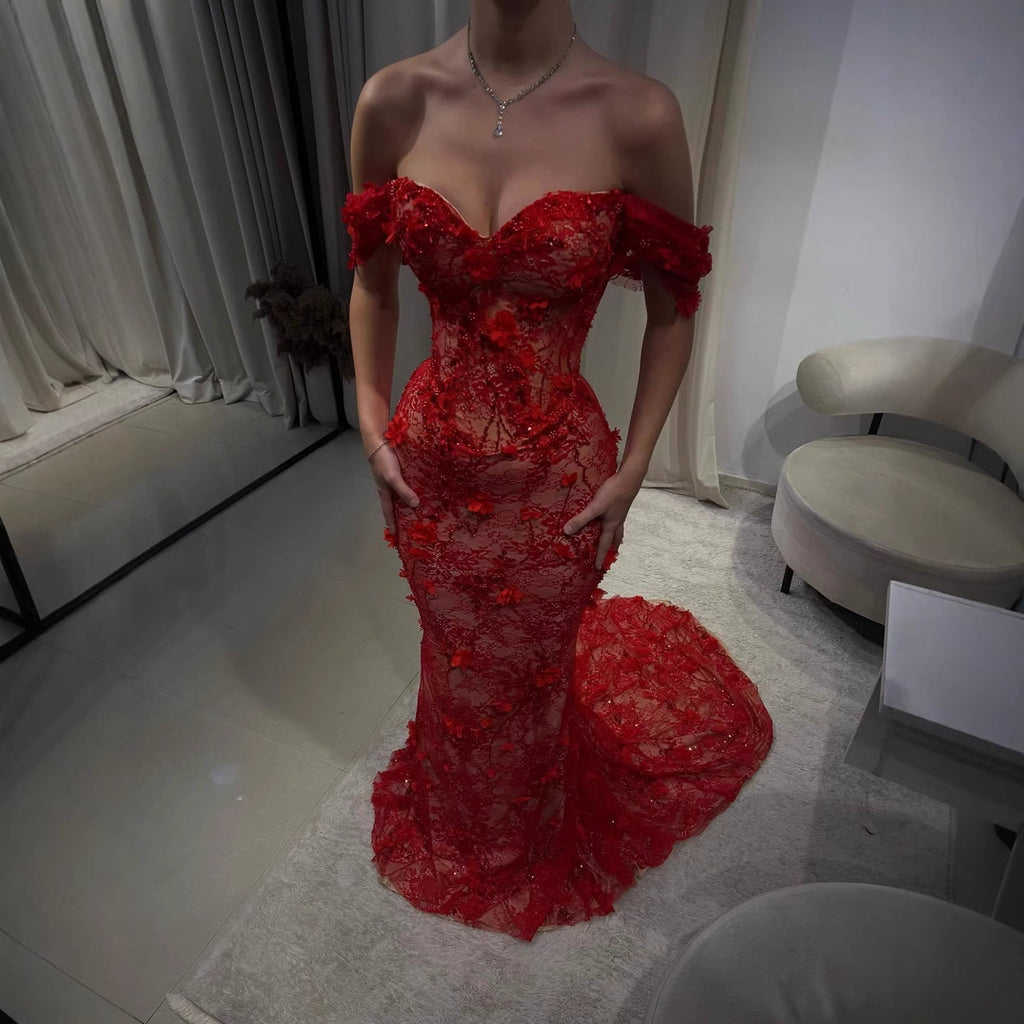 Luxury Stunning Glory Red Strapless 3D Floral Maxi Dress LA73537