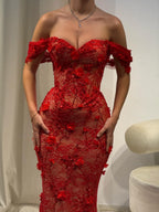 Luxury Stunning Glory Red Strapless 3D Floral Maxi Dress LA73537