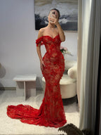 Luxury Stunning Glory Red Strapless 3D Floral Maxi Dress LA73537