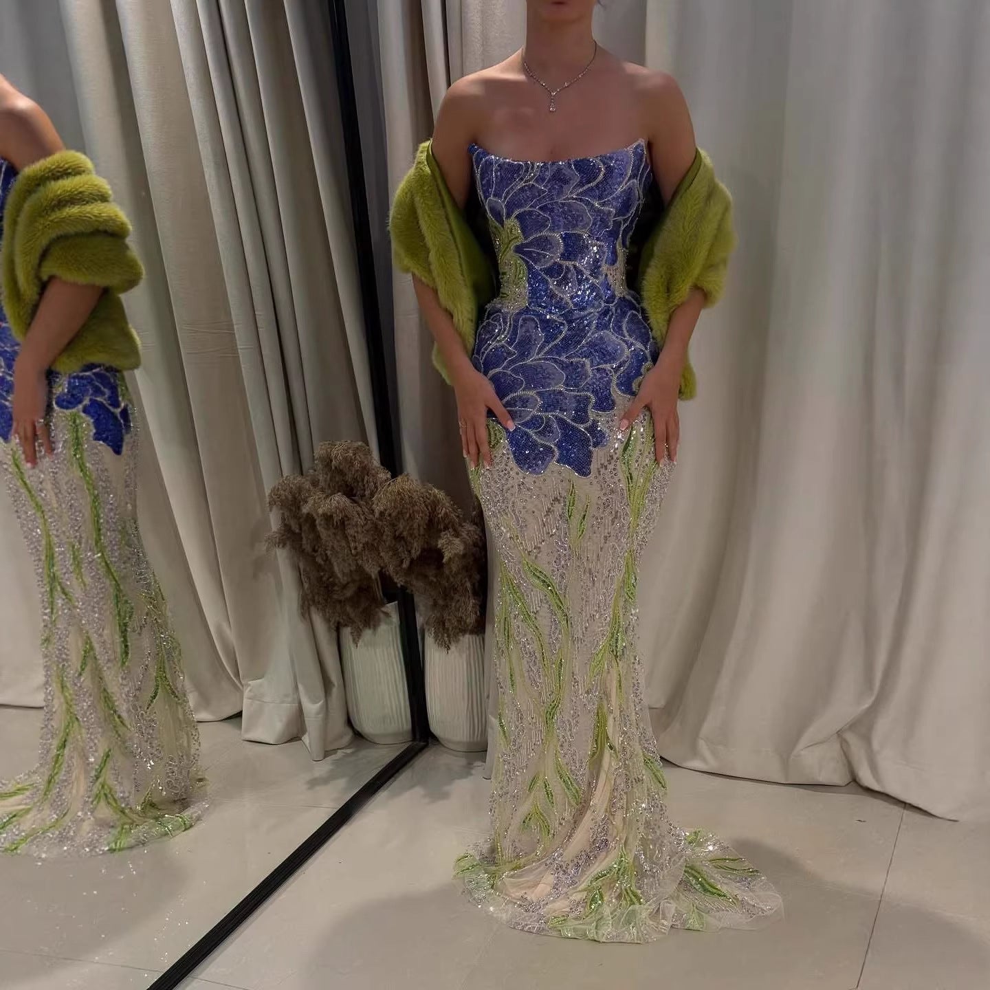 Luxury Blue Strapless Beaded Mermaid Evening Dress LA73538