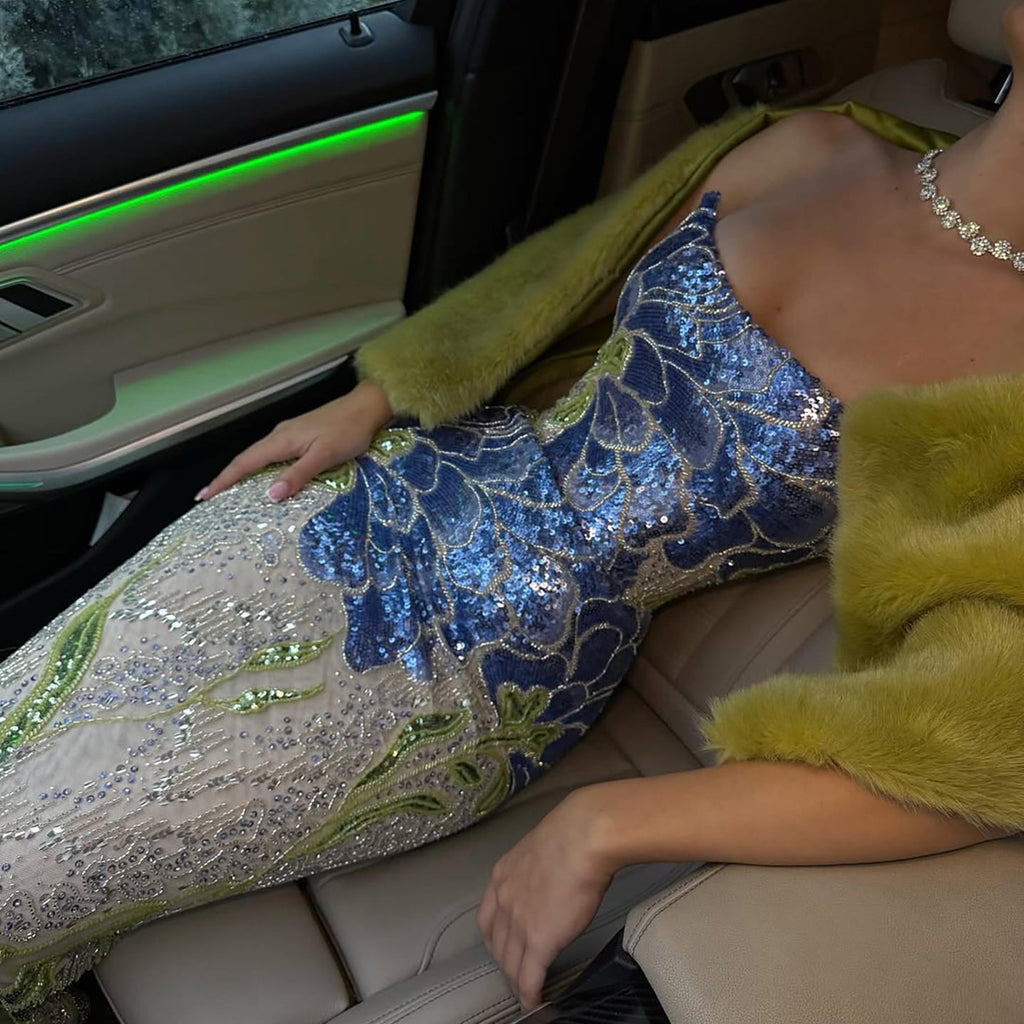 Luxury Blue Strapless Beaded Mermaid Evening Dress LA73538