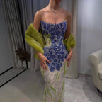 Luxury Blue Strapless Beaded Mermaid Evening Dress LA73538