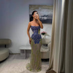 Luxury Blue Strapless Beaded Mermaid Evening Dress LA73538