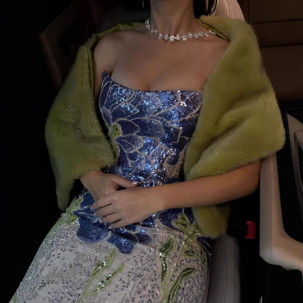 Luxury Blue Strapless Beaded Mermaid Evening Dress LA73538