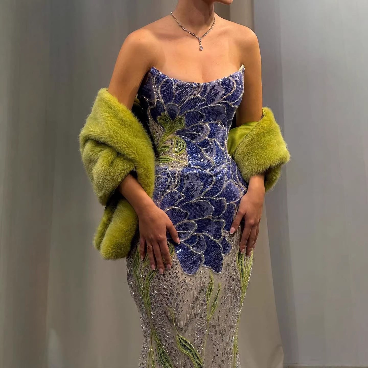 Luxury Blue Strapless Beaded Mermaid Evening Dress LA73538