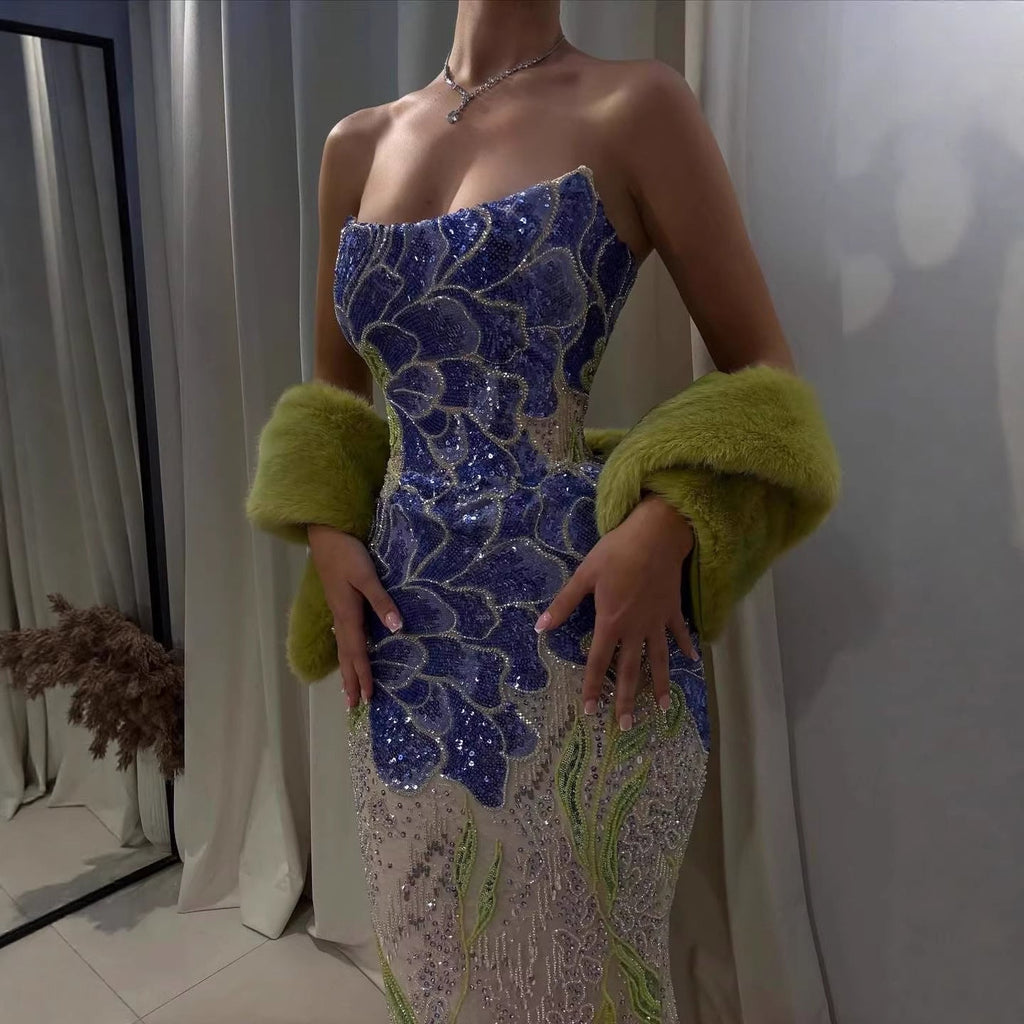 Luxury Blue Strapless Beaded Mermaid Evening Dress LA73538