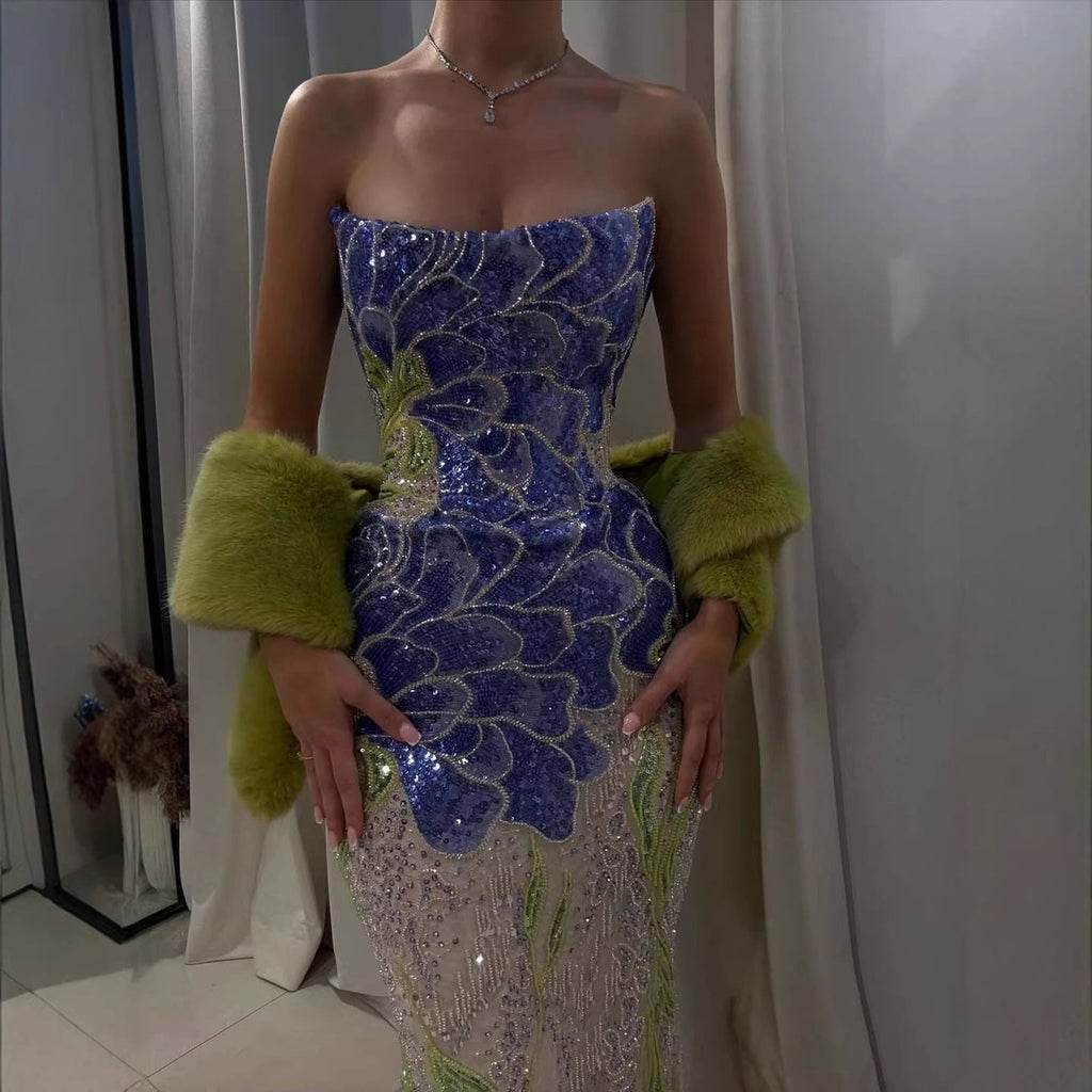 Luxury Blue Strapless Beaded Mermaid Evening Dress LA73538