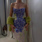 Luxury Blue Strapless Beaded Mermaid Evening Dress LA73538