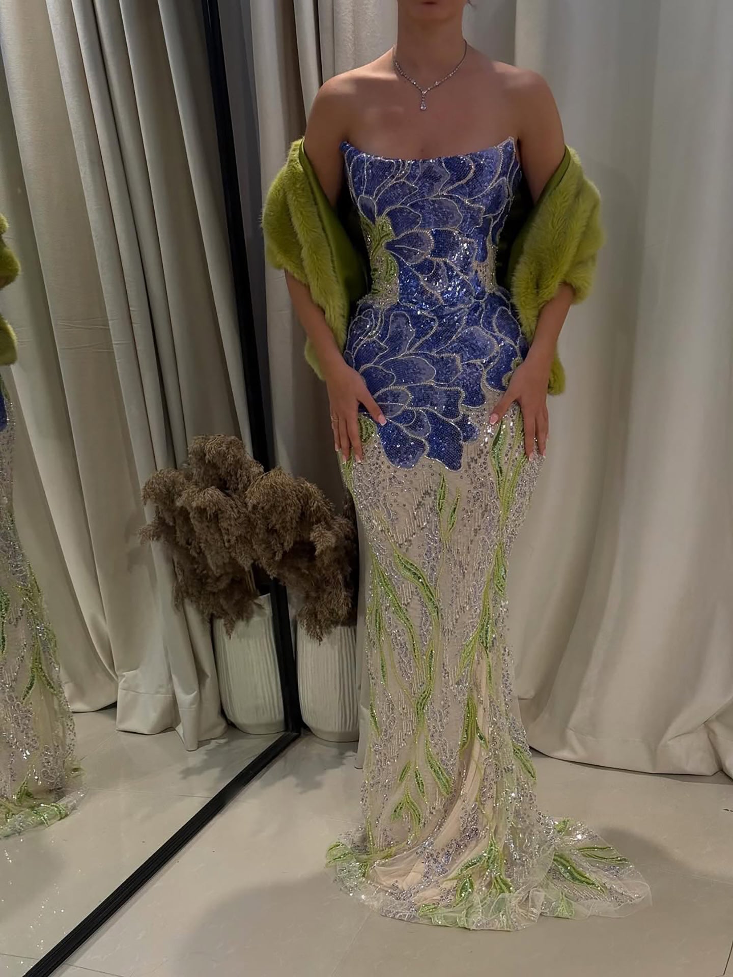 Luxury Blue Strapless Beaded Mermaid Evening Dress LA73538