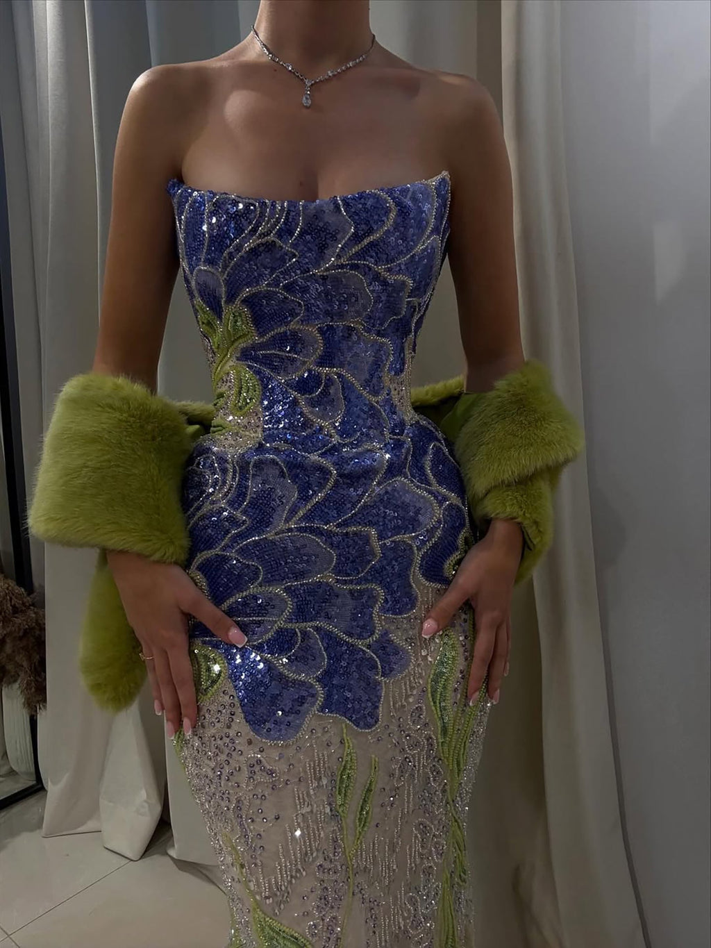 Luxury Blue Strapless Beaded Mermaid Evening Dress LA73538