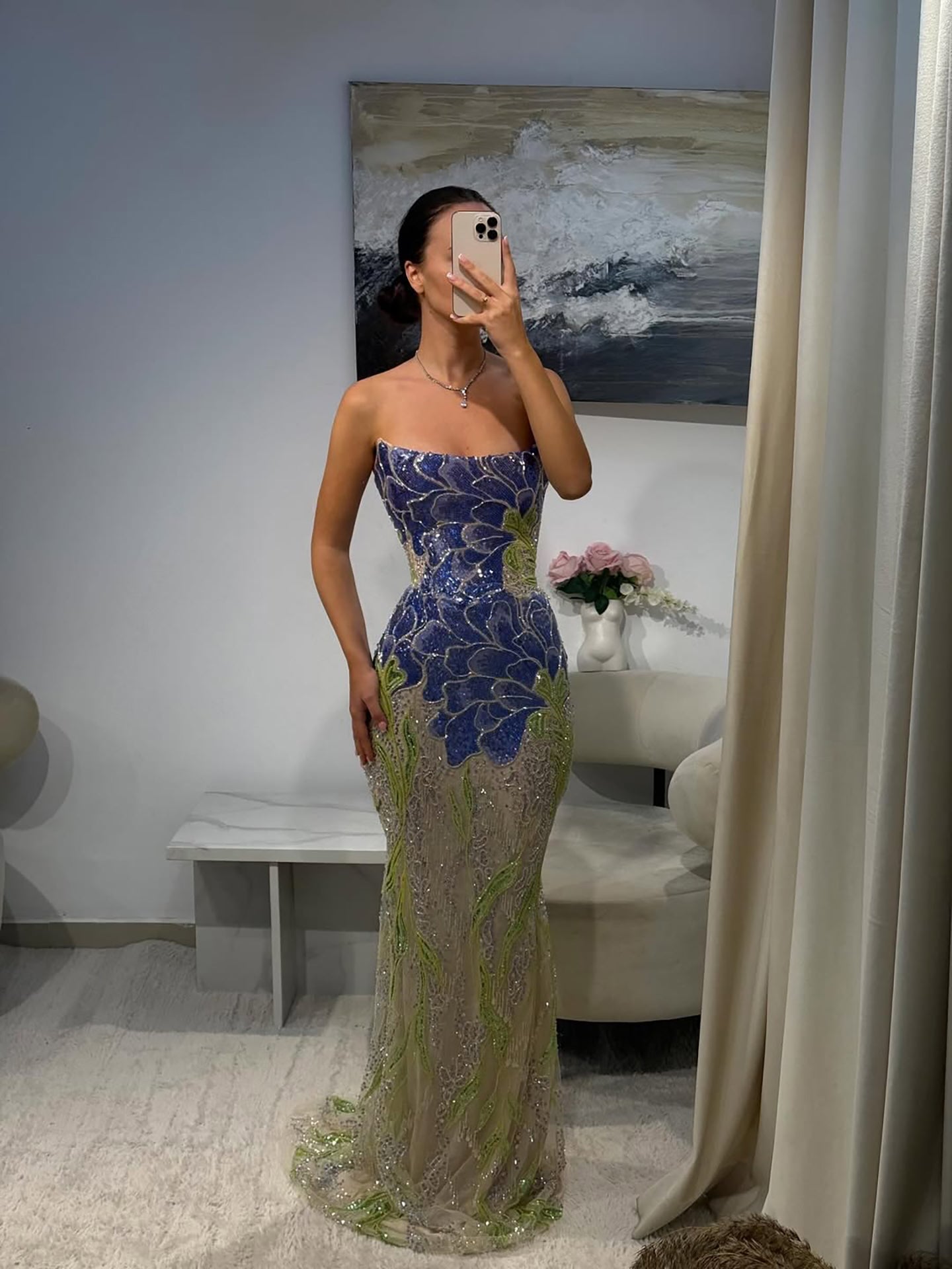 Luxury Blue Strapless Beaded Mermaid Evening Dress LA73538