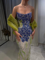 Luxury Blue Strapless Beaded Mermaid Evening Dress LA73538