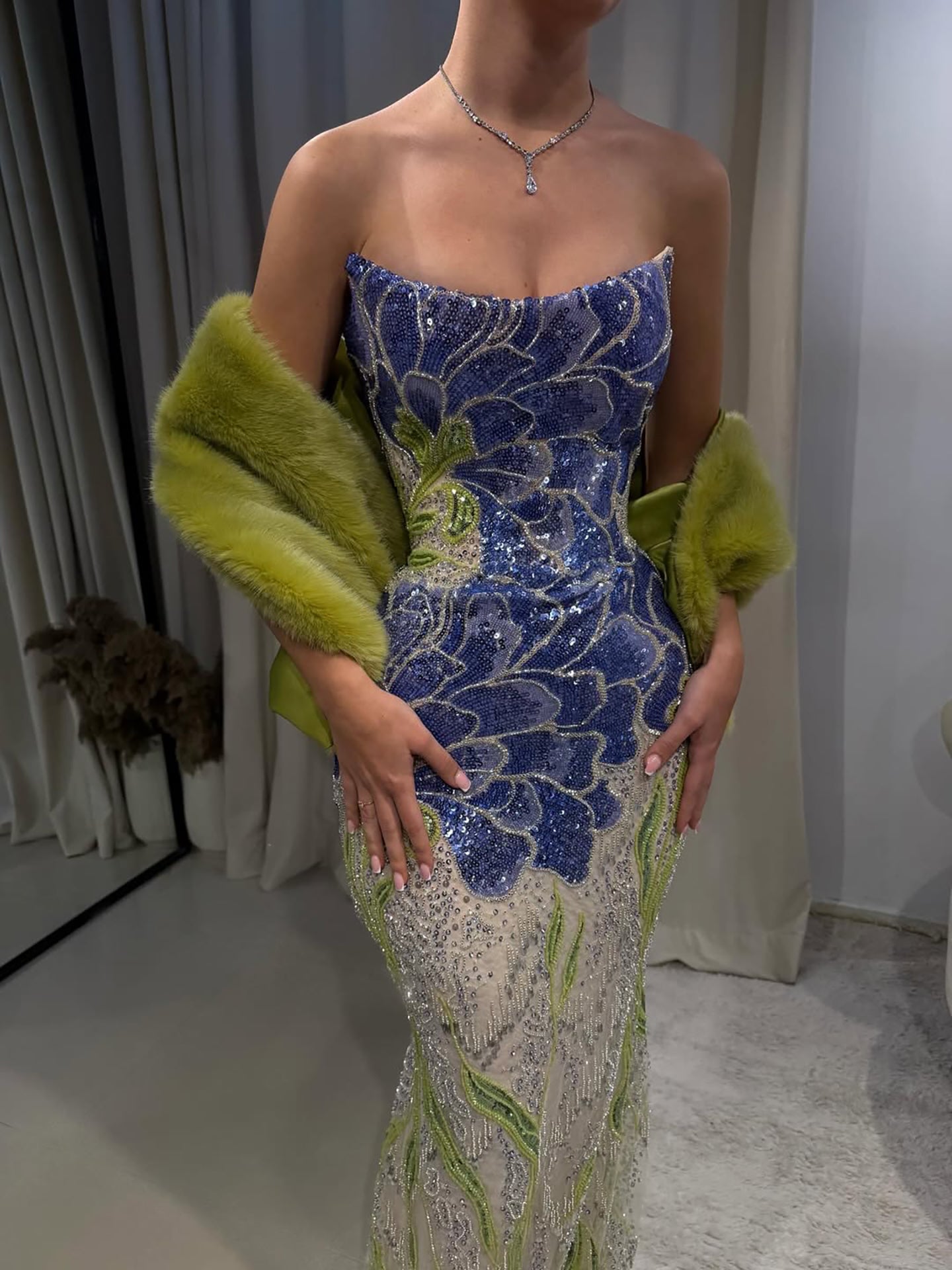 Luxury Blue Strapless Beaded Mermaid Evening Dress LA73538