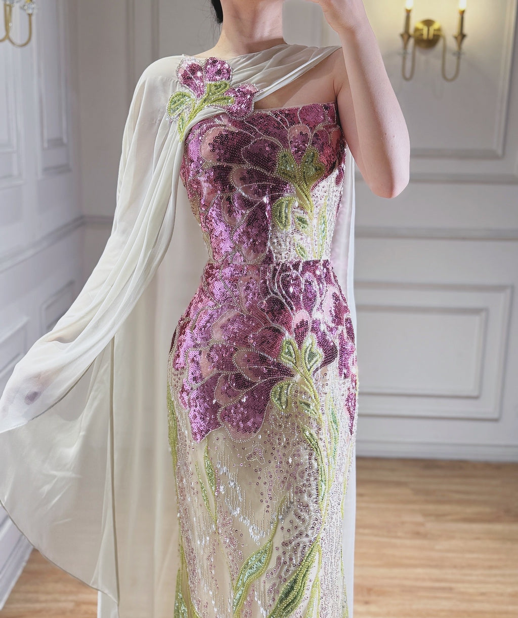 Arabic Purple Floral Sequins Embroidery Mermaid Evening Dress Strapless With Cape Corset Back For Women Occasion Party CLA73538A