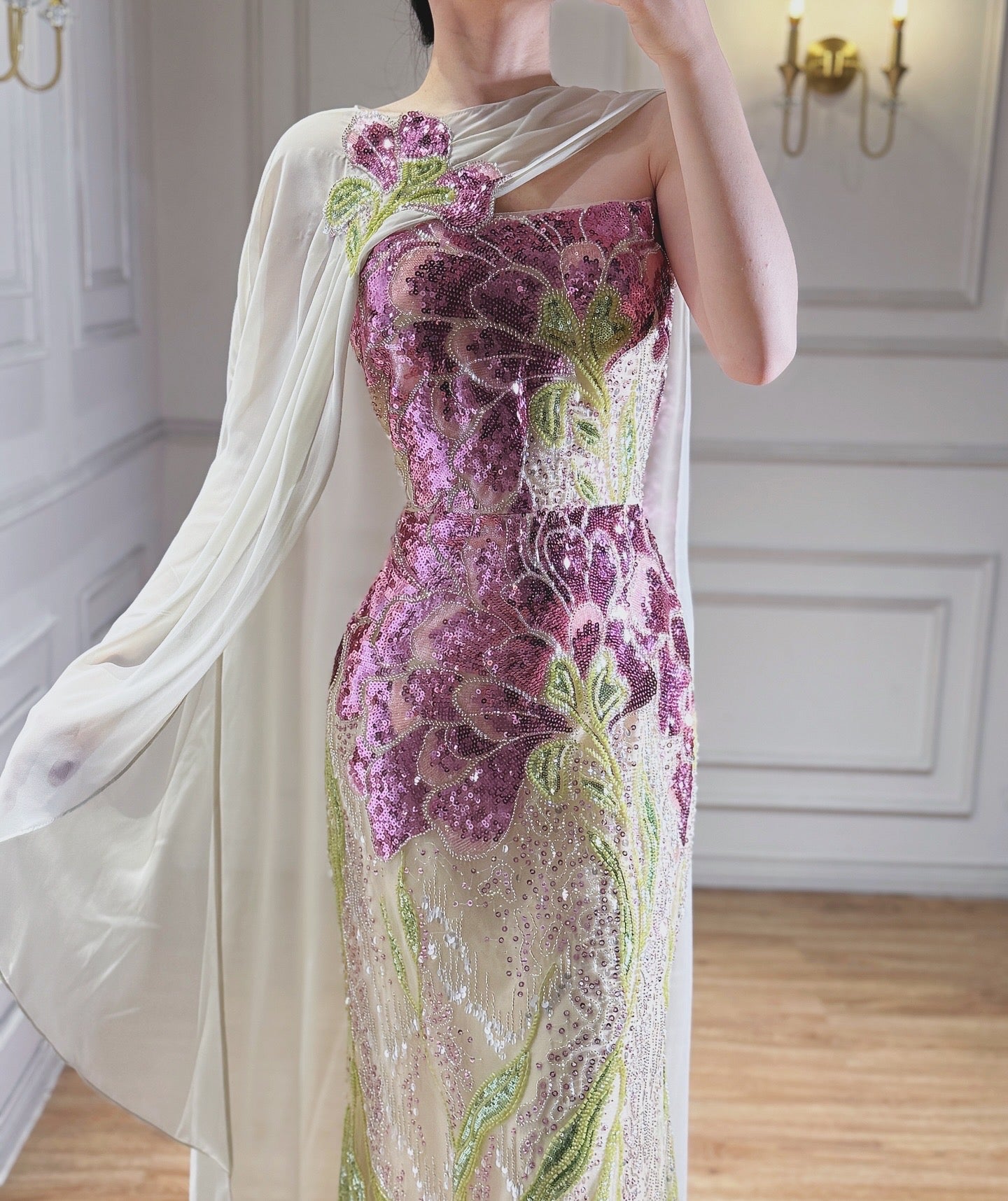 Arabic Purple Floral Sequins Embroidery Mermaid Evening Dress Strapless With Cape Corset Back For Women Occasion Party CLA73538A