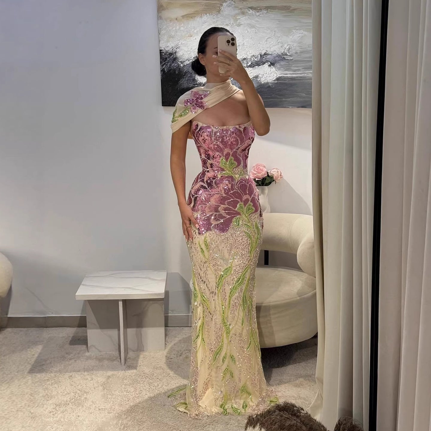 Luxury Orange  Flower Evening Prom Dress with Scarf LA73538A