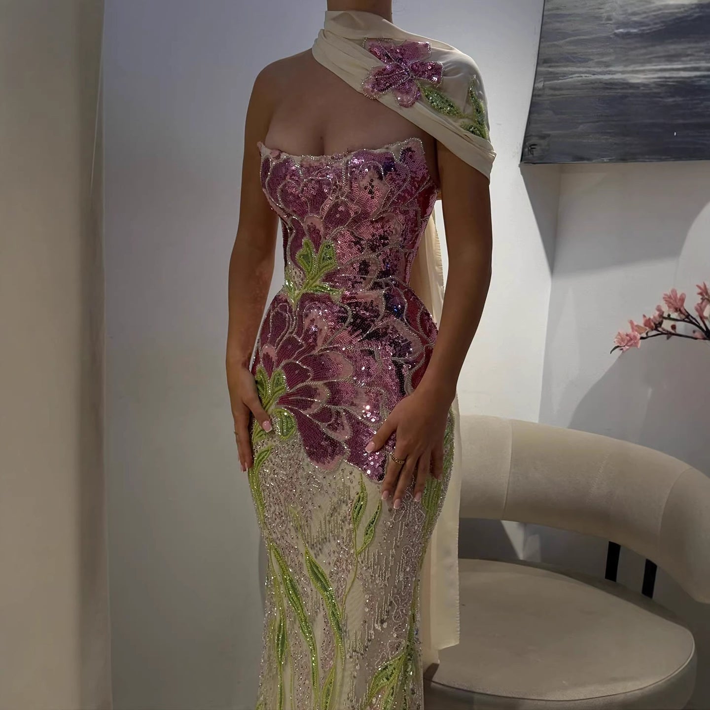 Luxury Orange  Flower Evening Prom Dress with Scarf LA73538A