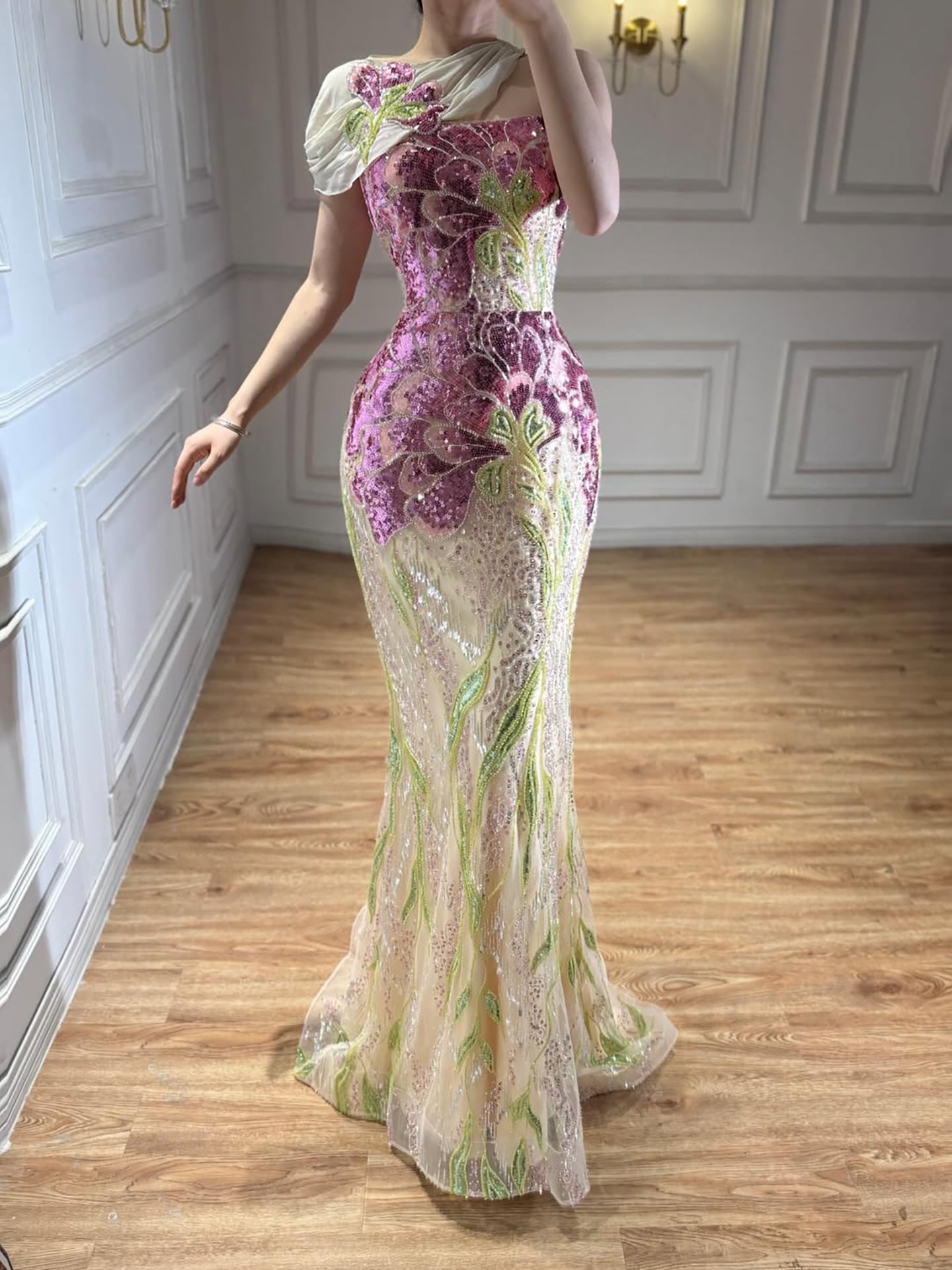 Arabic Purple Floral Sequins Embroidery Mermaid Evening Dress Strapless With Cape Corset Back For Women Occasion Party CLA73538A
