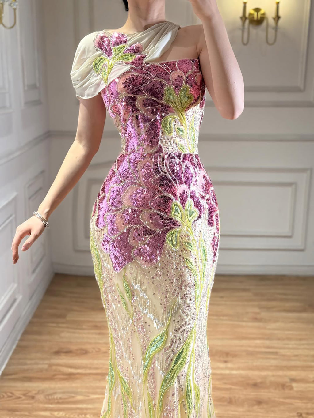 Arabic Purple Floral Sequins Embroidery Mermaid Evening Dress Strapless With Cape Corset Back For Women Occasion Party CLA73538A