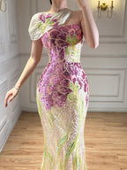 Arabic Purple Floral Sequins Embroidery Mermaid Evening Dress Strapless With Cape Corset Back For Women Occasion Party CLA73538A